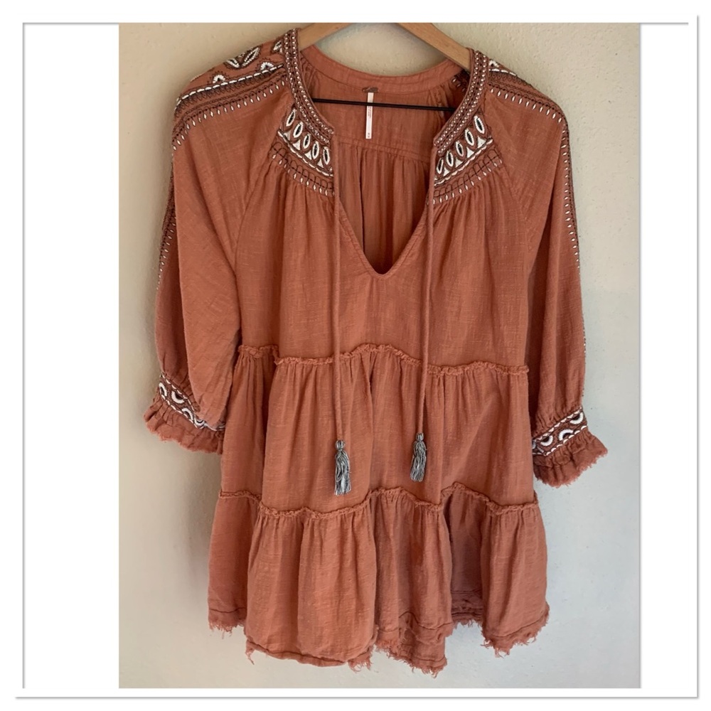 Free People Dreamweaver Embroidered Tunic Peasant Top Orange Brown Size Medium